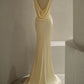 Pastel Yellow Satin Backless Mermaid Long Prom Dress       fg6689