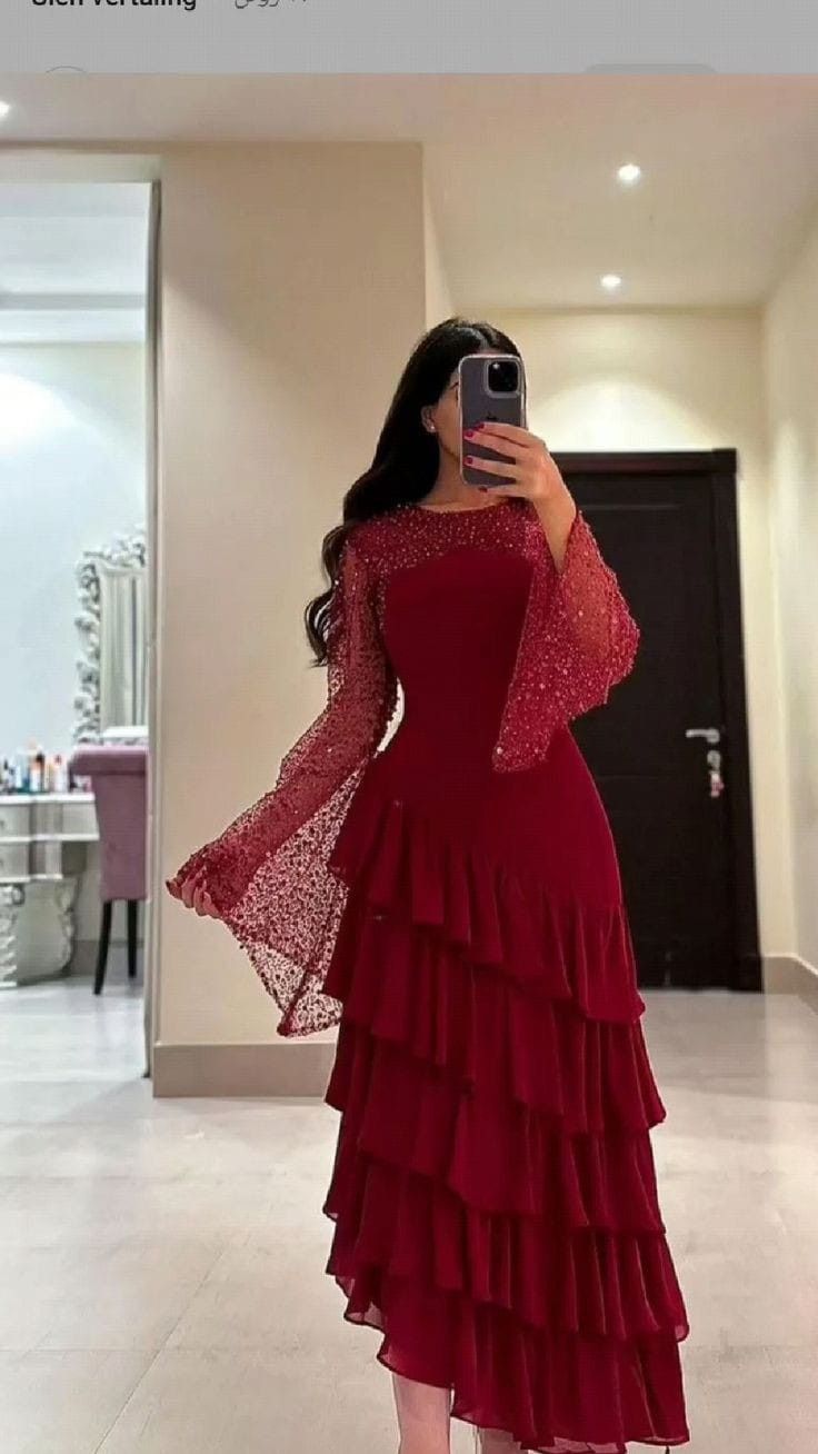 Women's Ankle Length Sequin Dress O Neck Tiered Burgundy Evening Dress formalgowns Women's Ankle Length Sequin Dress O Neck Tiered Burgundy Evening Dress formalgowns