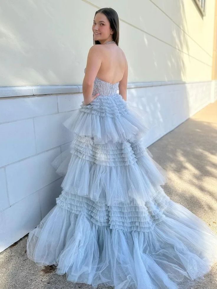 Halter V Neck Open Back Layered Gray Lace Long Prom Dresses, Gray Backless Lace Formal Evening Dresses fg6162 Halter V Neck Open Back Layered Gray Lace Long Prom Dresses, Gray Backless Lace Formal Evening Dresses fg6162