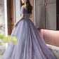 Purple A-Line Off Shoulder Tulle Beading Long Prom Dress    fg6712