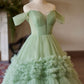 A-Line off Shoulder Tulle Green Long Prom Dress, Green Sweet 16 Dress      fg6744