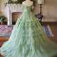 A-Line off Shoulder Tulle Green Long Prom Dress, Green Sweet 16 Dress      fg6744