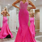 Hot Pink V Neck Satin Mermaid Long Prom Dresses with Beaded      fg6746