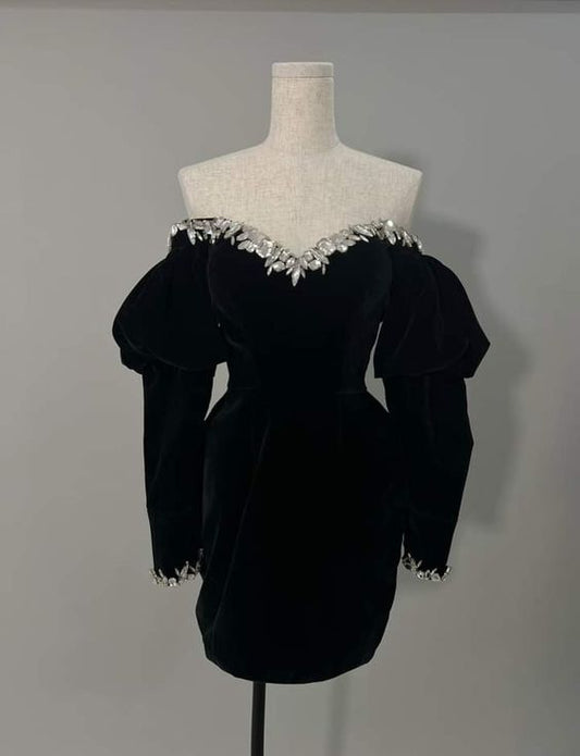 Puffärmel Minikleid, elegantes schwarzes Langarm-Kurzabendkleid fg6107