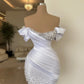 White Short Prom Dress Sheath Off the Shoulder Pearls Mini Cocktail Club Gowns Satin Pleated Party Dresses       fg6269