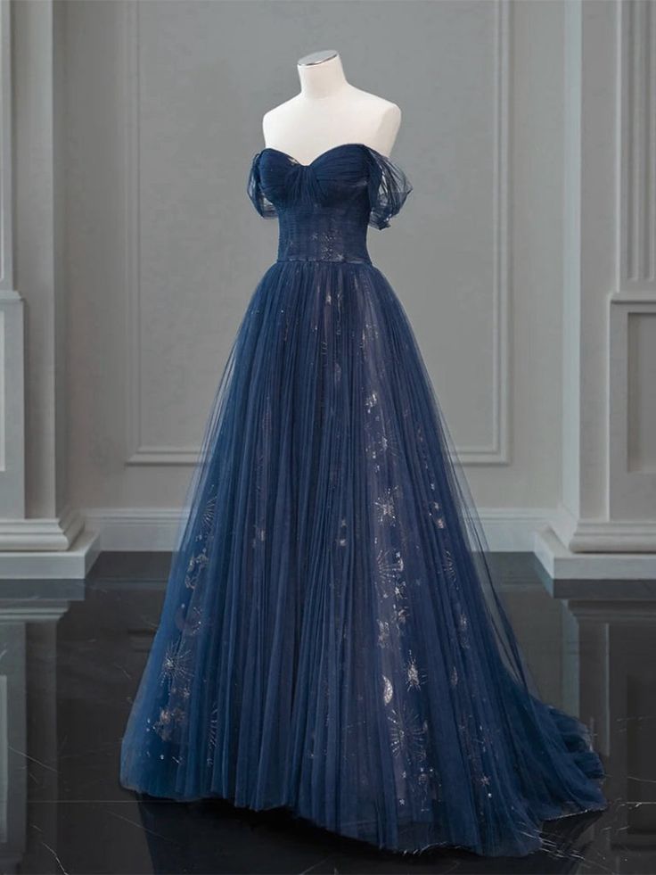 A-Line Off Shoulder Tulle Lace Dark Blue Long Prom Dress, Dark Blue Lo formalgowns A-Line Off Shoulder Tulle Lace Dark Blue Long Prom Dress, Dark Blue Lo formalgowns