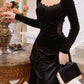 Robe mi-longue en velours noir vintage à manches longues pour femme, élégante et tendance, fg6635