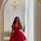Elegante kurze Satin Neckholder Abendkleider Muslim rückenfreies A-Linie rotes Kleid Abendkleid Plissee Tee Länge Kleider fg6308