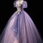 Purple Tulle Puff Sleeve Appliques Quinceanera Dress Evening Dress       fg6750