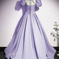 Satin Short Sleeves Beaded Party Dress, A-line Long Prom Dress      fg6423