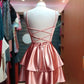 Robe de soirée courte rose à bretelles spaghetti, simple et populaire, coupe trapèze, fg6784
