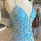 Blue Iridescent Sequin Lace-Up Long Prom Dress with Slit     fg6608