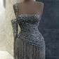 Silver Beaded Cocktail Dress With Long Tassel Fringes One Sleeve Crystal Sequin Sparkly Short Homecoming Wear      fg6592