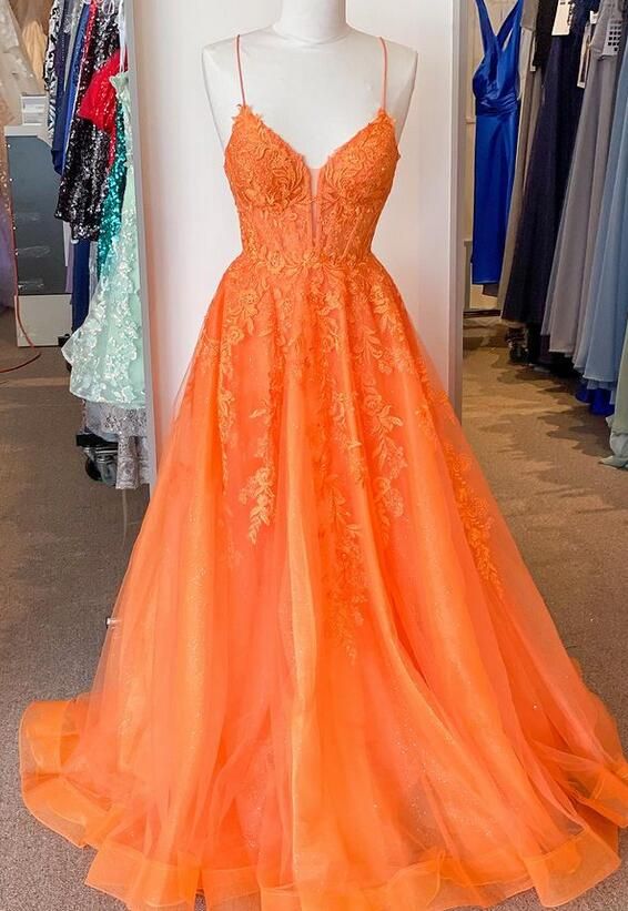 Robe de bal longue orange à bretelles en dentelle et tulle fg6486
