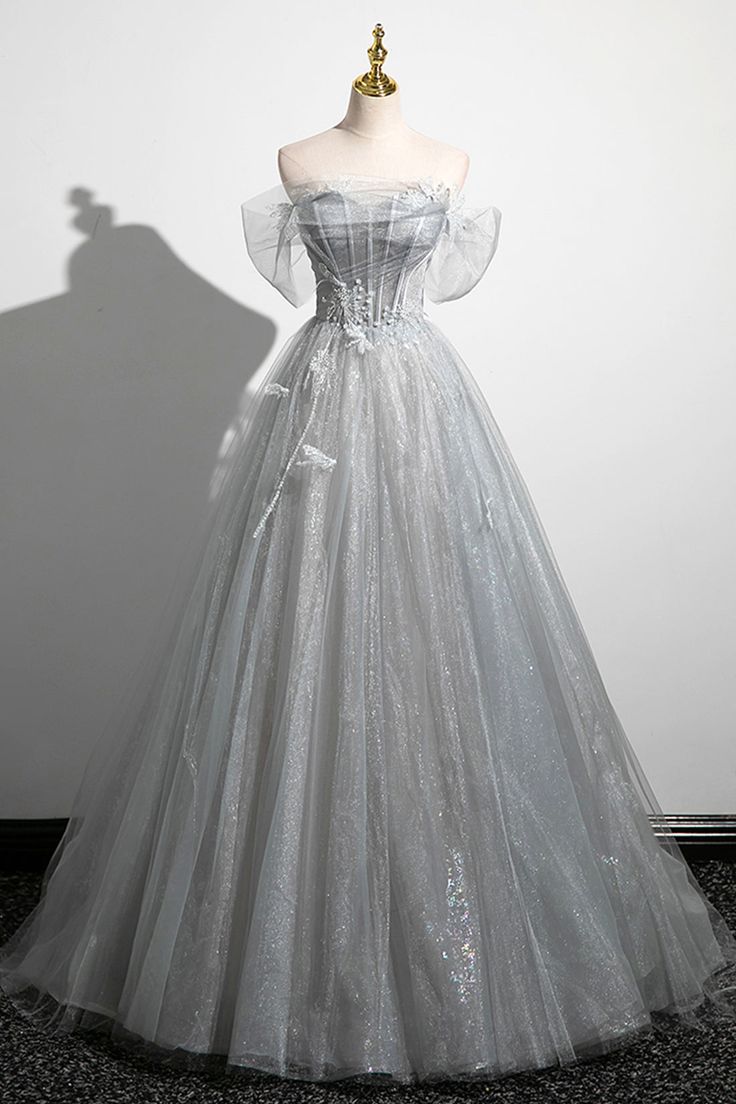 Gray A-Line Off the Shoulder Tulle Prom Dress, Lovely Corset Floor Len – formalgowns