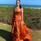 Strapless Burnt Orange A Line Layered Satin Long Prom Dress        fg6178