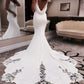 Unique Mermaid V Neck Satin Wedding Dress with Appliques     fg6588