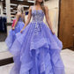 Robe de bal longue en dentelle lilas, coupe trapèze brillante, dos nu, duveteuse, robe de soirée lilas fg6482