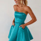 Cute strapless satin short blue prom dress,blue hoco dress with pockets       fg6249
