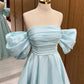 A Line Off Shoulder Satin Blue Long Prom Dresses, Off The Shoulder Blue Satin Long Formal Evening Dresses         fg6309