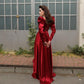 Square Neck Long A Line Evening Gown Burgundy Long Sleeves Satin Formal Prom Party Dress      fg6143