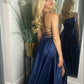 navy blue satin long prom dress, long evening dress        fg6765