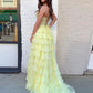 Strapless Layered Yellow Lace Top Long Prom Dresses, Long Yellow Formal Dresses, Yellow Chiffon Evening Dresses        fg6690