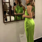 Green Halter Mermaid Satin Long Party Dress   fg6700