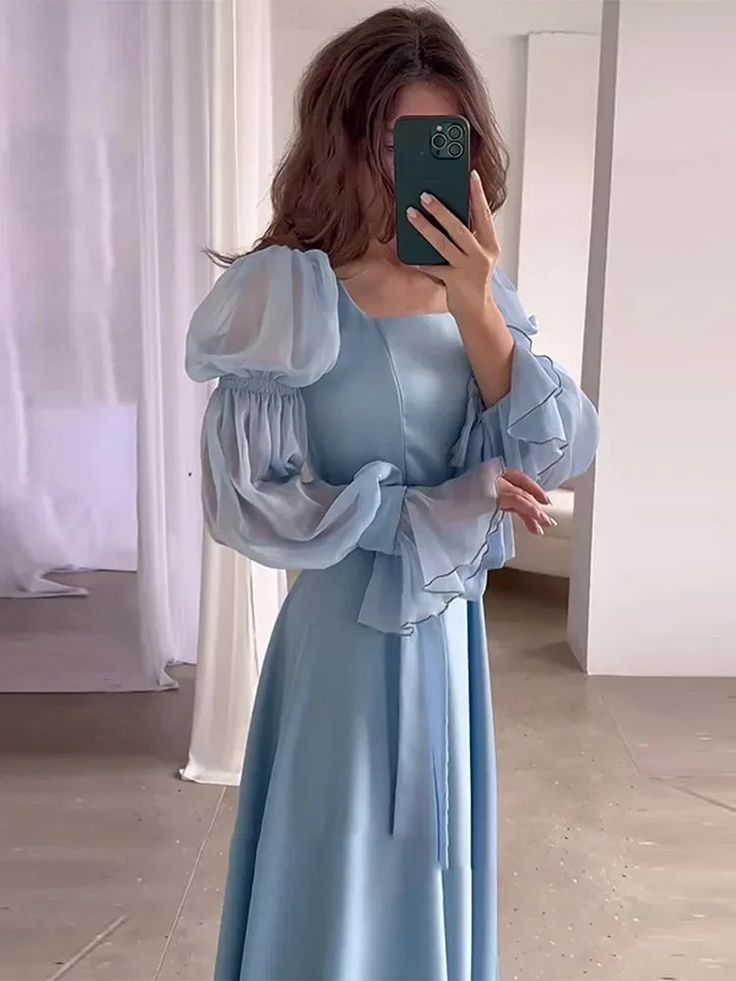 light blue dress puffy sleeves Sky Blue Midi Dress, Puff Sleeve Summer Dress, Tea Length Outfit for Celebrations, Formal Events, Elegant Guest Look
