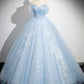 A-Line Off Shoulder Tulle Sequin Blue Long Prom Dress, Blue Sweet 16 Dress    fg6727