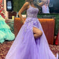 Shiny Purple Lace Long Prom Dress with High Slit, Purple Lace Formal Dress, Purple Evening Dress       fg6217
