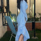 Mermaid Blue Women V Neck Long Sleeves Formal Occasions Evening Gown          fg6303