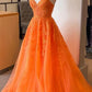 Robe de bal longue orange à bretelles en dentelle et tulle fg6486