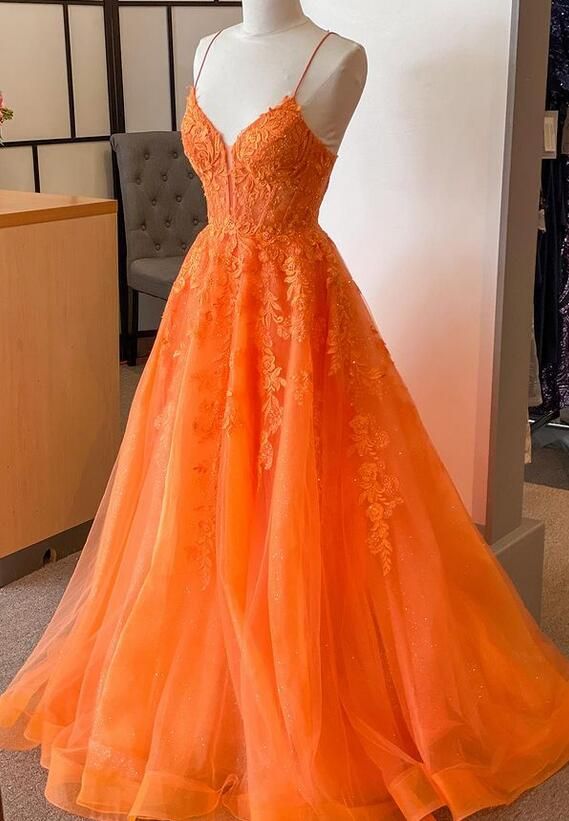 Robe de bal longue orange à bretelles en dentelle et tulle fg6486