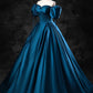 Blue Satin Off the Shoulder Floor Length Prom Dress, Blue A-Line Party Dress        fg6764