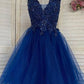 V Neck Blue Tulle Lace Short Prom Dresses, V Neck Blue Tulle Lace Short Formal Evening Dresses       fg6315