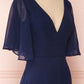 Robe de demoiselle d'honneur longue bleu marine en mousseline de soie, col en V, manches à volants, fg6390