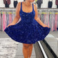 A-Line Square Neck Sequin Short Party Dress Homecoming Dress       fg6455