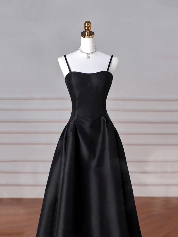 Elegantes schwarzes langes Ballkleid aus Satin in A-Linie, formelles Abendkleid fg6742