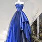 Blue Satin And Tulle Long Party Dress Prom Dress, Blue Evening Dress      fg6736