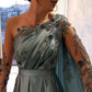 Evening Dresses One Shoulder Full Length Satin A Line Long Sleeves Formal Party Dress Prom Gown       fg6768