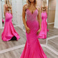 Hot Pink V Neck Satin Mermaid Long Prom Dresses with Beaded      fg6746