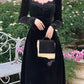 Robe mi-longue en velours noir vintage à manches longues pour femme, élégante et tendance, fg6635