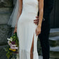 Simple Strapless Sleeveless Satin Sheath Midi Wedding Dress With Slit    fg6333
