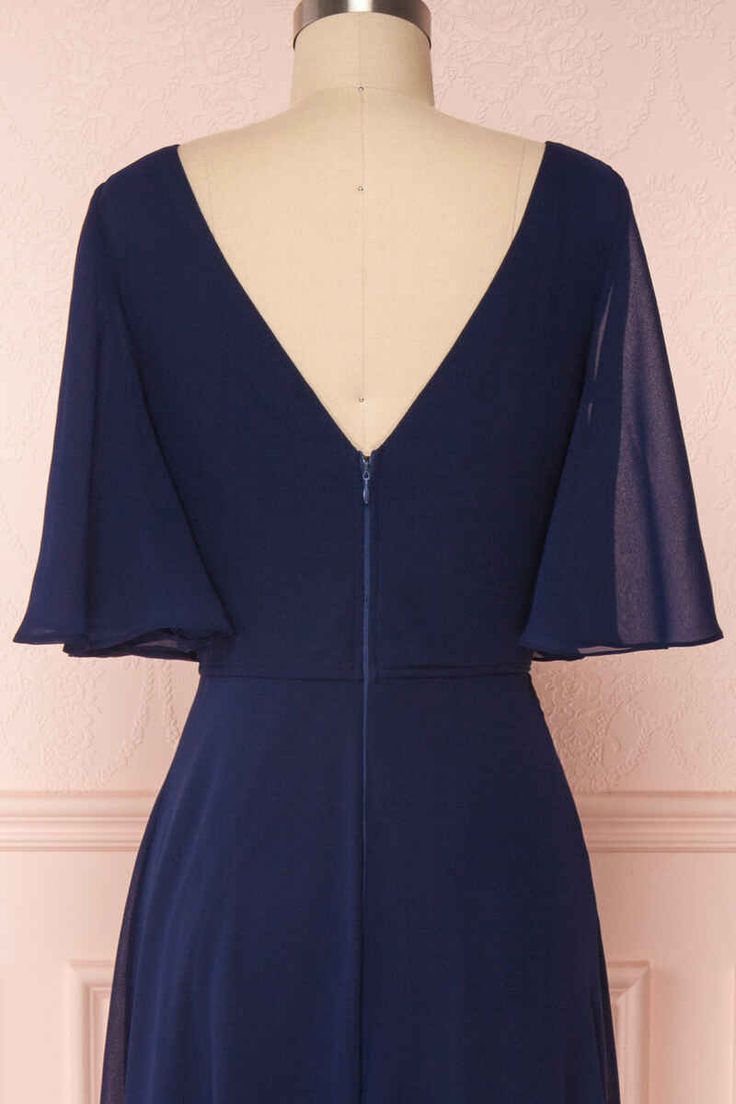 Robe de demoiselle d'honneur longue bleu marine en mousseline de soie, col en V, manches à volants, fg6390