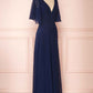 Robe de demoiselle d'honneur longue bleu marine en mousseline de soie, col en V, manches à volants, fg6390