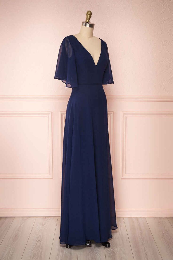 Robe de demoiselle d'honneur longue bleu marine en mousseline de soie, col en V, manches à volants, fg6390