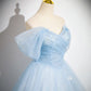 A-Line Off Shoulder Tulle Sequin Blue Long Prom Dress, Blue Sweet 16 Dress    fg6727