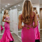 Hot Pink V Neck Satin Mermaid Long Prom Dresses with Beaded      fg6746
