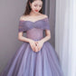 Purple A-Line Off Shoulder Tulle Beading Long Prom Dress    fg6712